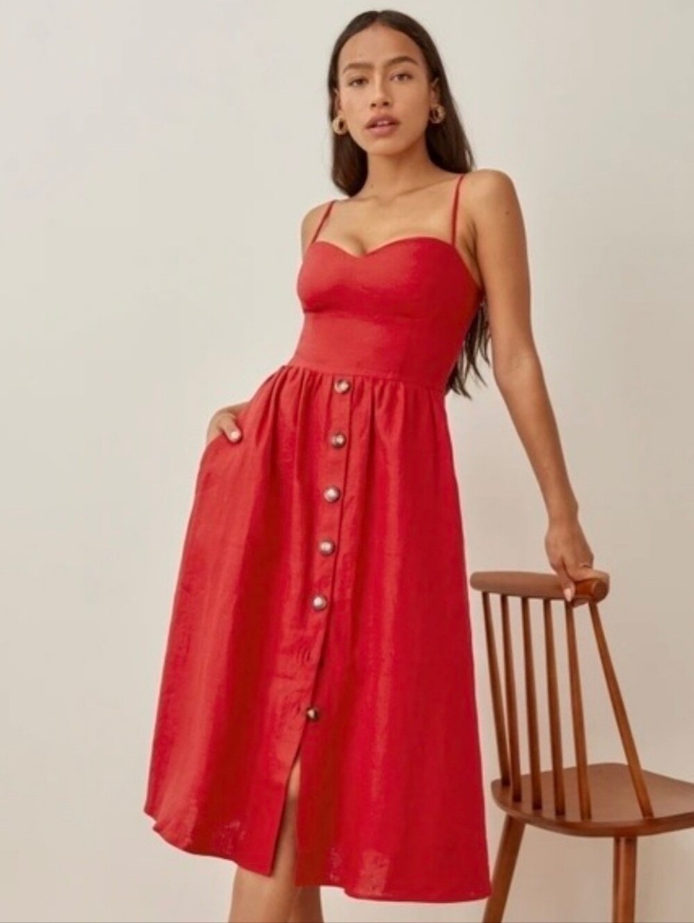 Reformation Red Linen-Blend Button-Front Sundress